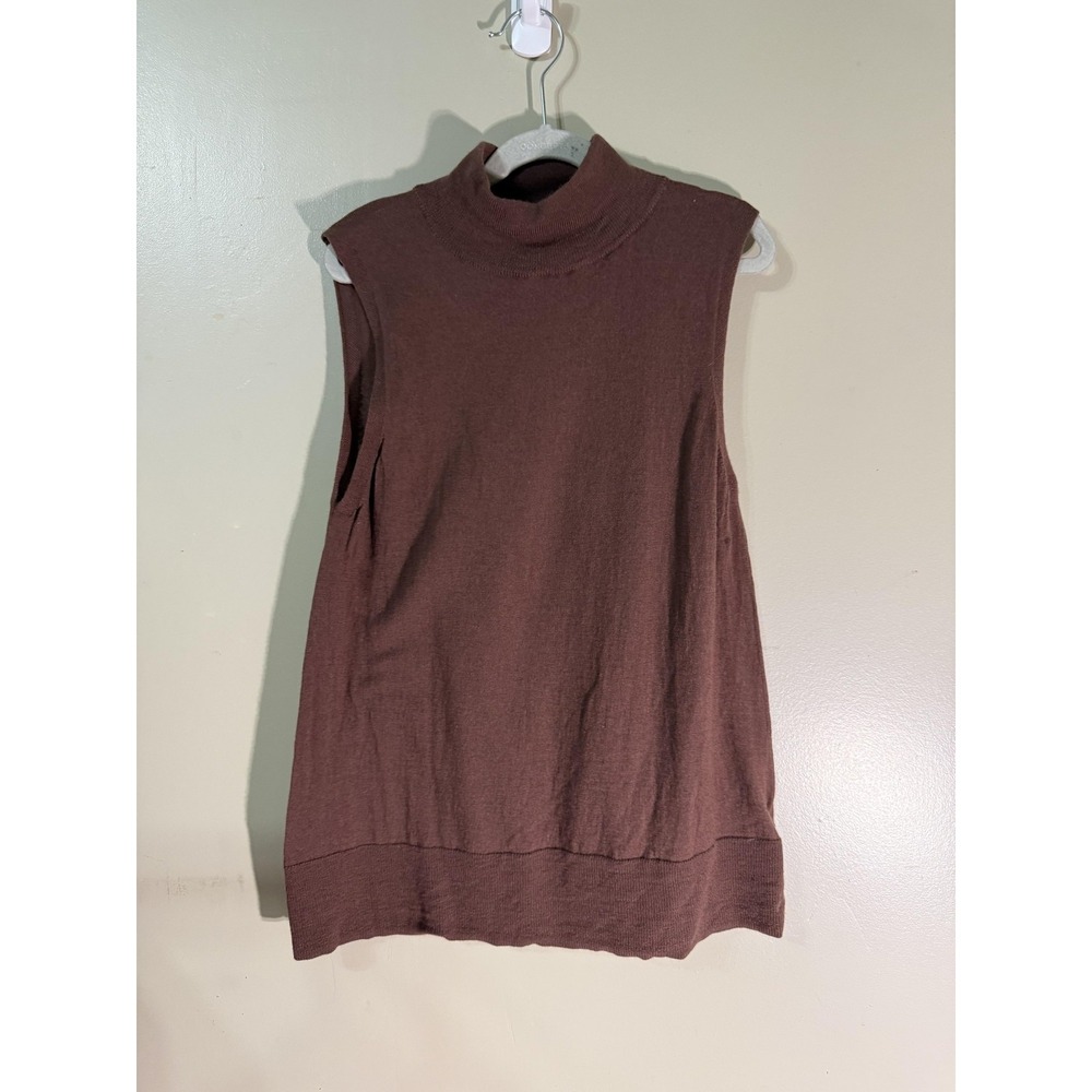 Tahari Tunic Sweater Womens M Brown Merino Turtleneck Sleeveless Lightweight